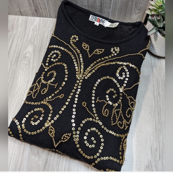 Womens Sweater Dress Black & Gold Beaded Spangles Size Small VTG 80s L'EAU VIVE - Picture 2 of 15